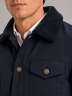 Men's windproof fleece jacket with faux fur-style collar – Navy detail view – Edward & Lawsen