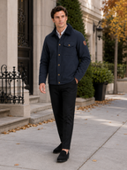 Men's windproof fleece jacket with faux fur-style collar – Navy lifestyle view – Edward & Lawsen