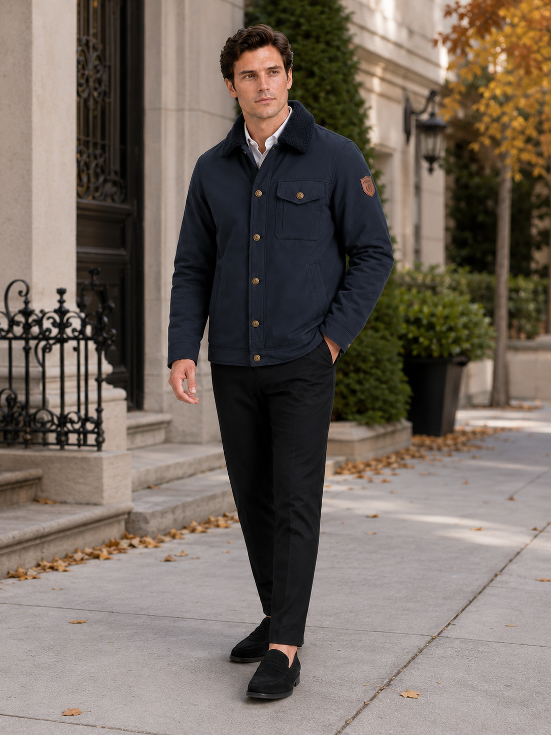 Men's windproof fleece jacket with faux fur-style collar – Navy lifestyle view – Edward & Lawsen