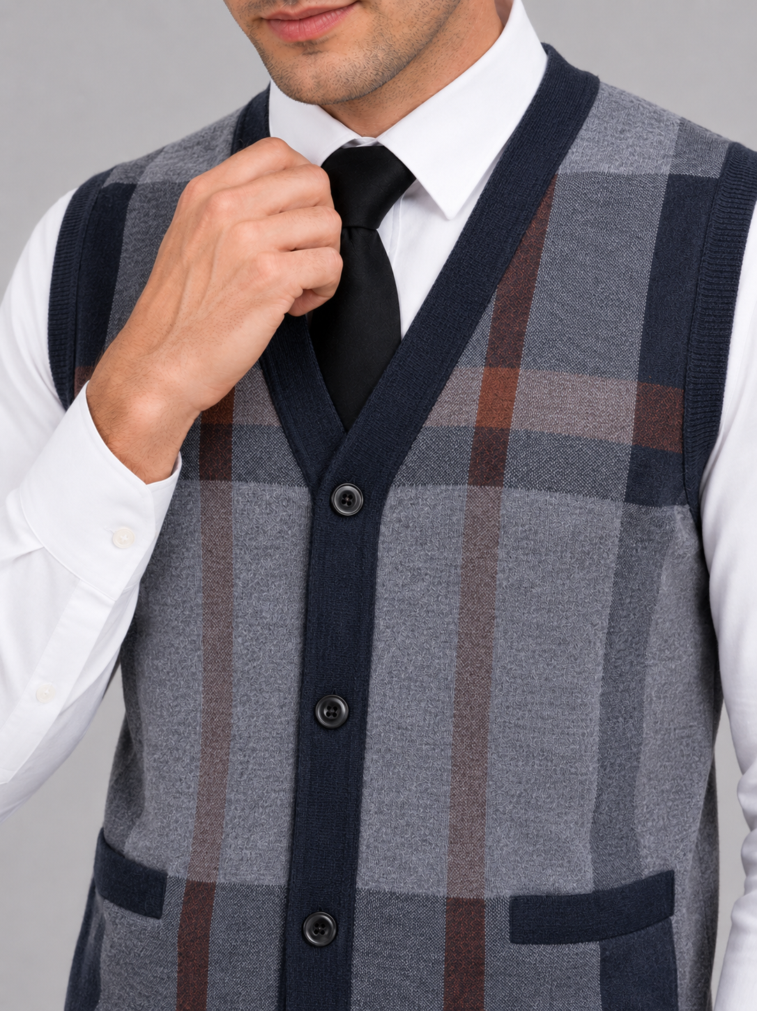 Men's fleece button-front vest – Navy detail view – Edward & Lawsen