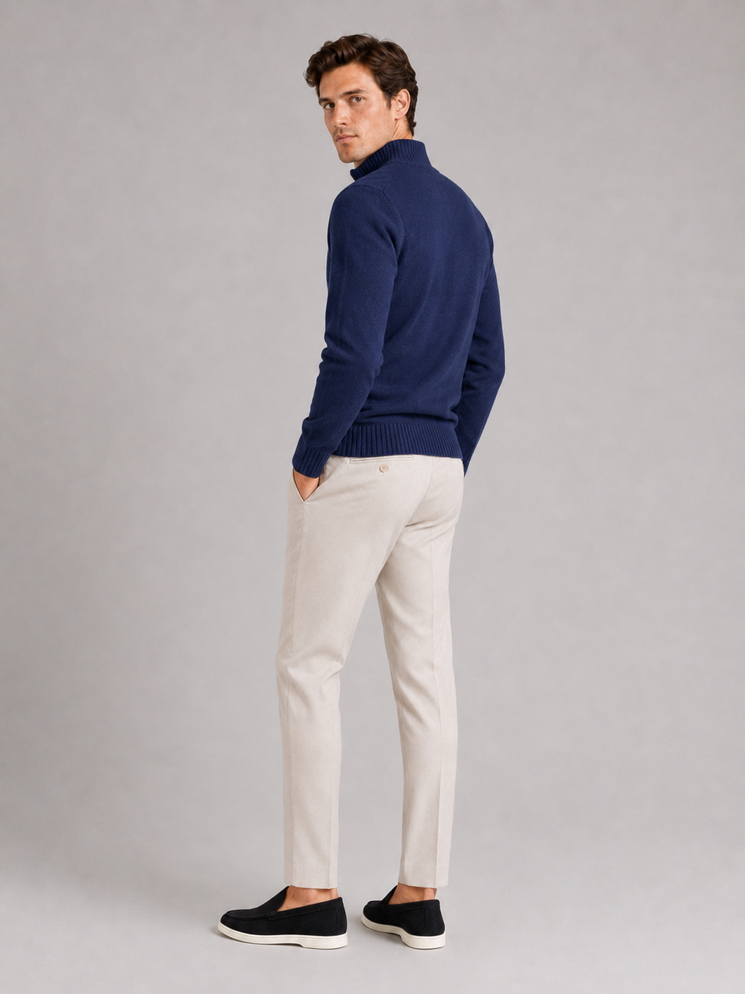 Men's half zip sweater – Navy back view – Edward & Lawsen