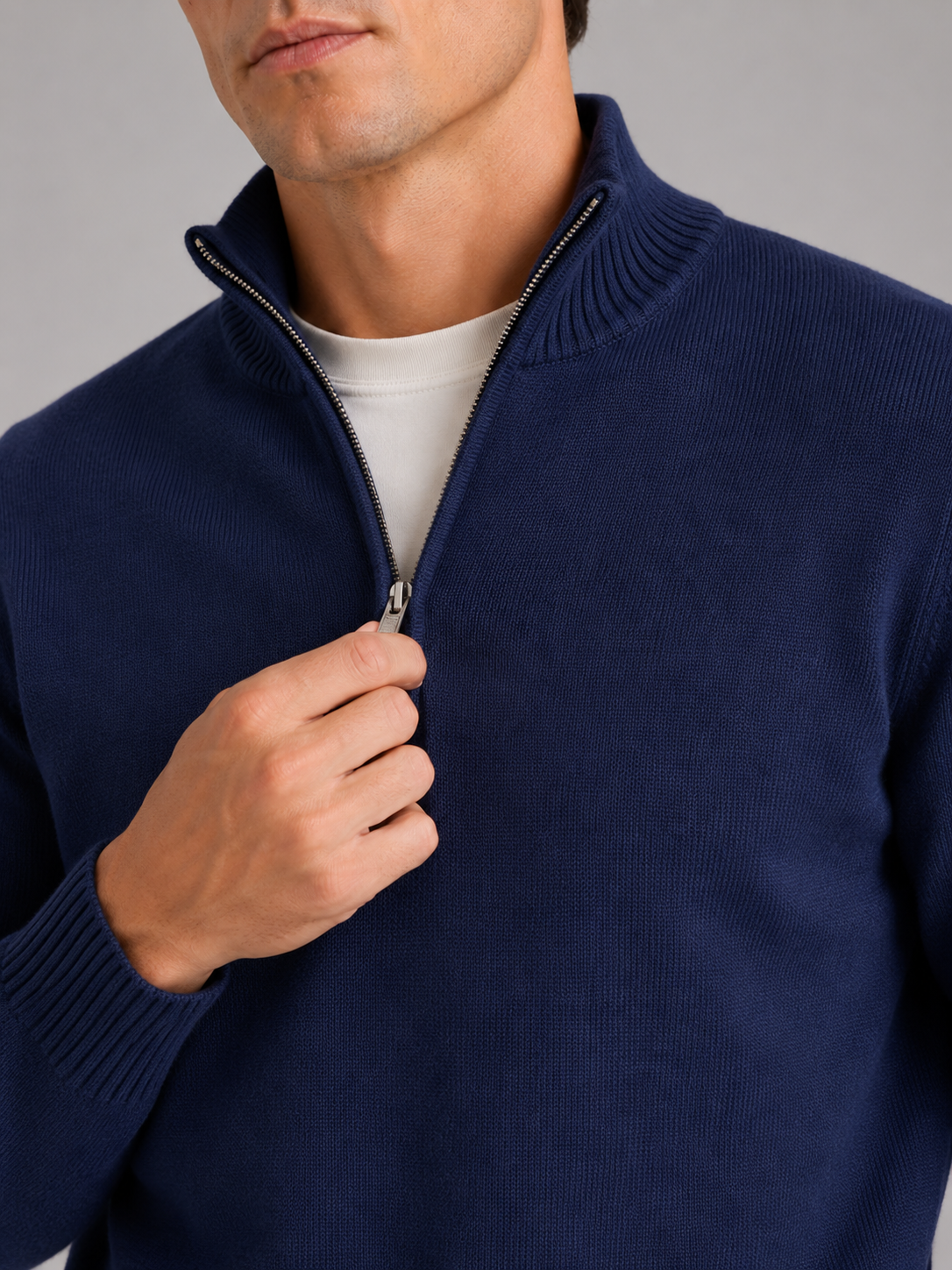 Men's half zip sweater – Navy detail view – Edward & Lawsen