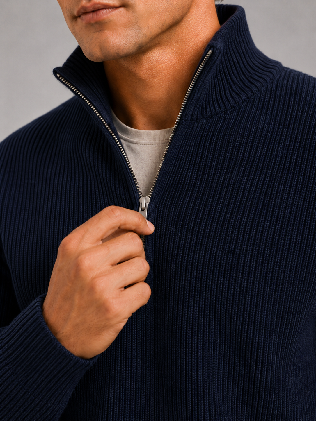Men's half zip sweater – Navy detail view – Edward & Lawsen