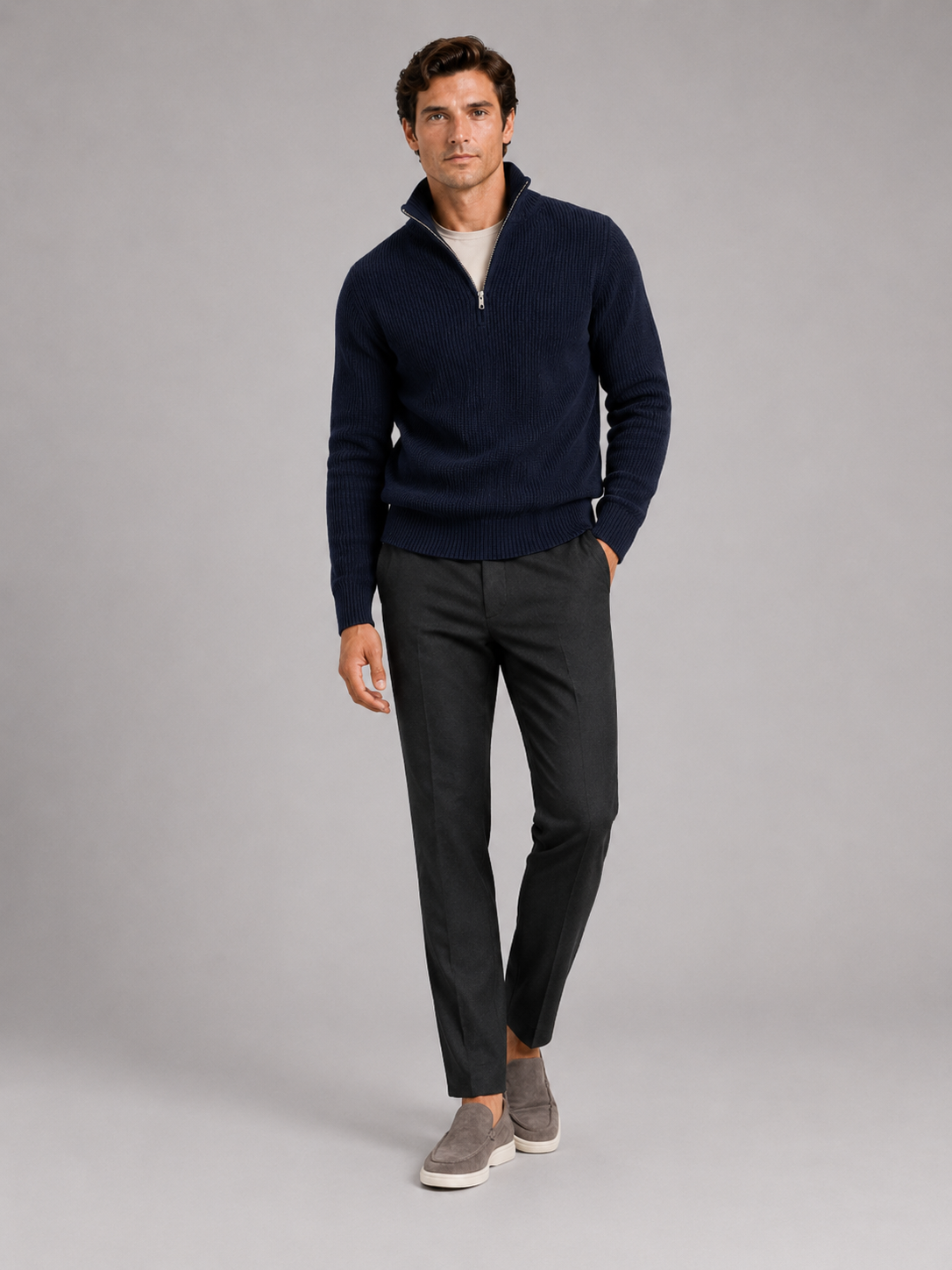 Men's half zip sweater – Navy full view – Edward & Lawsen