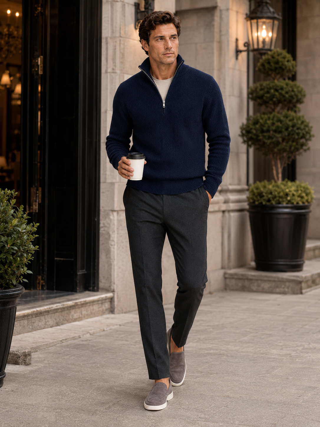 Men's half zip sweater – Navy lifestyle view – Edward & Lawsen
