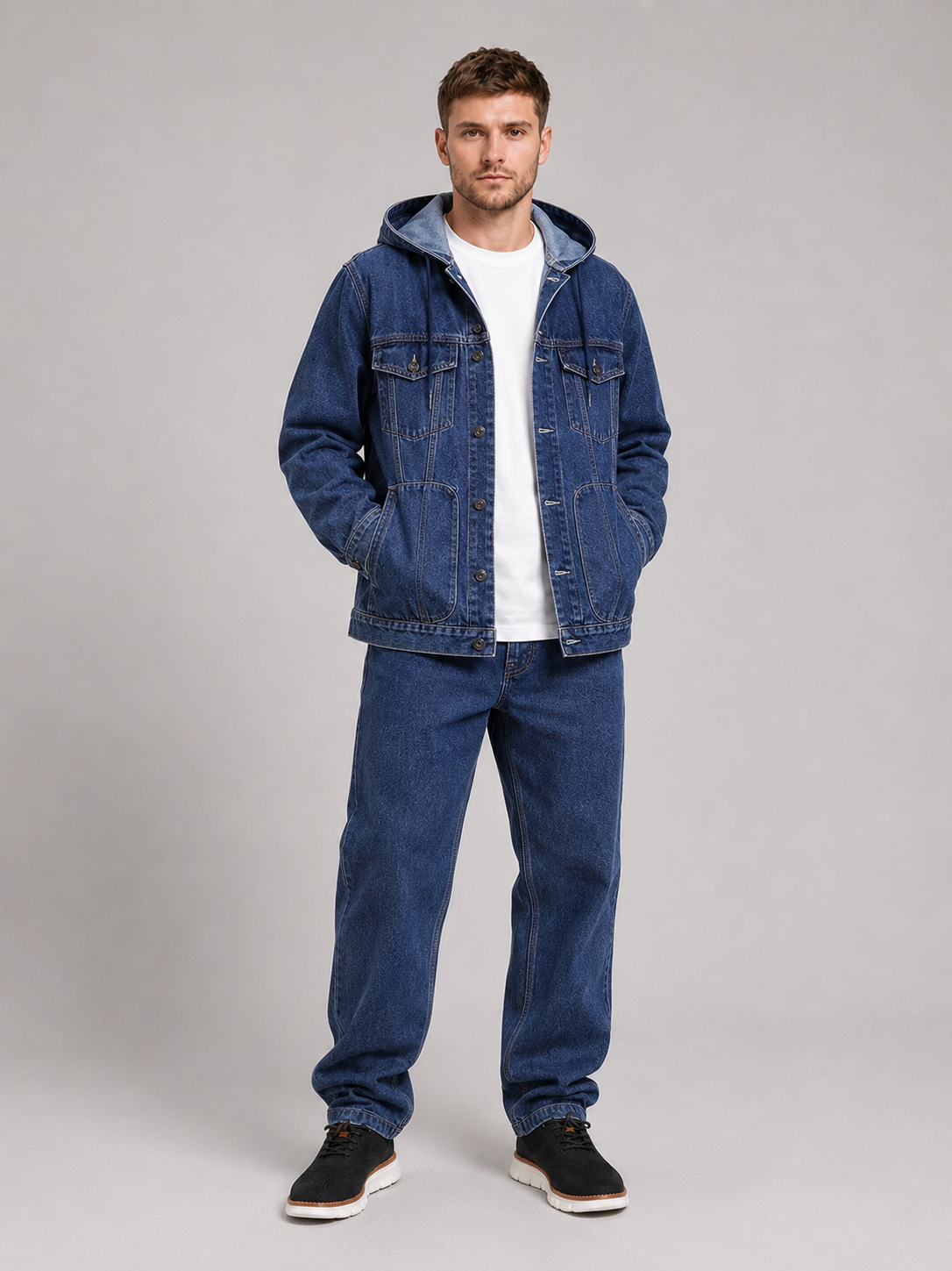 Men's hooded denim jacket – Navy full view – Edward & Lawsen