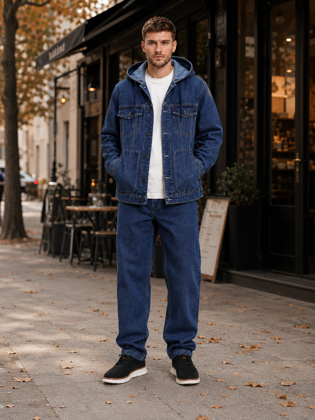 Men's hooded denim jacket – Navy lifestyle view – Edward & Lawsen