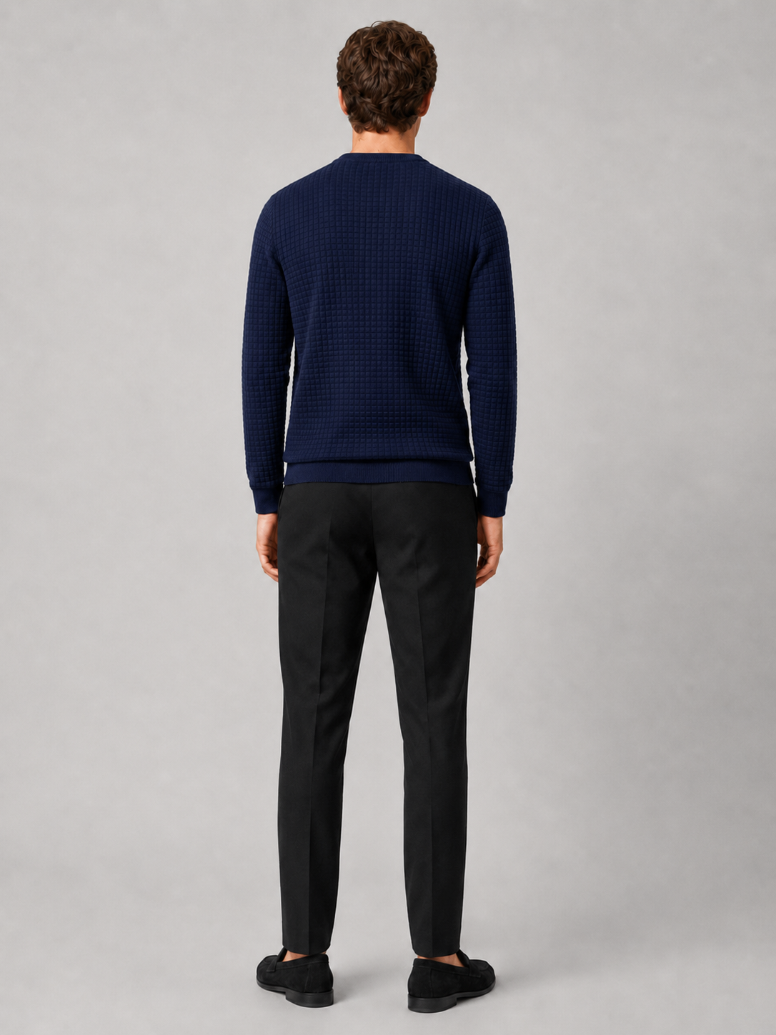 Men's jacquard crew neck sweater – Navy back view – Edward & Lawsen