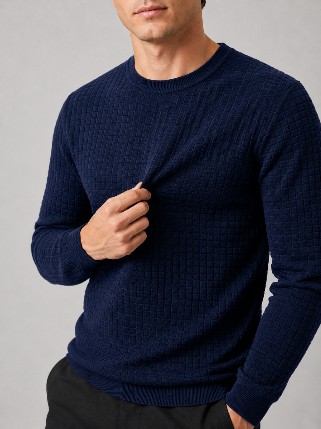 Men's jacquard crew neck sweater – Navy detail view – Edward & Lawsen