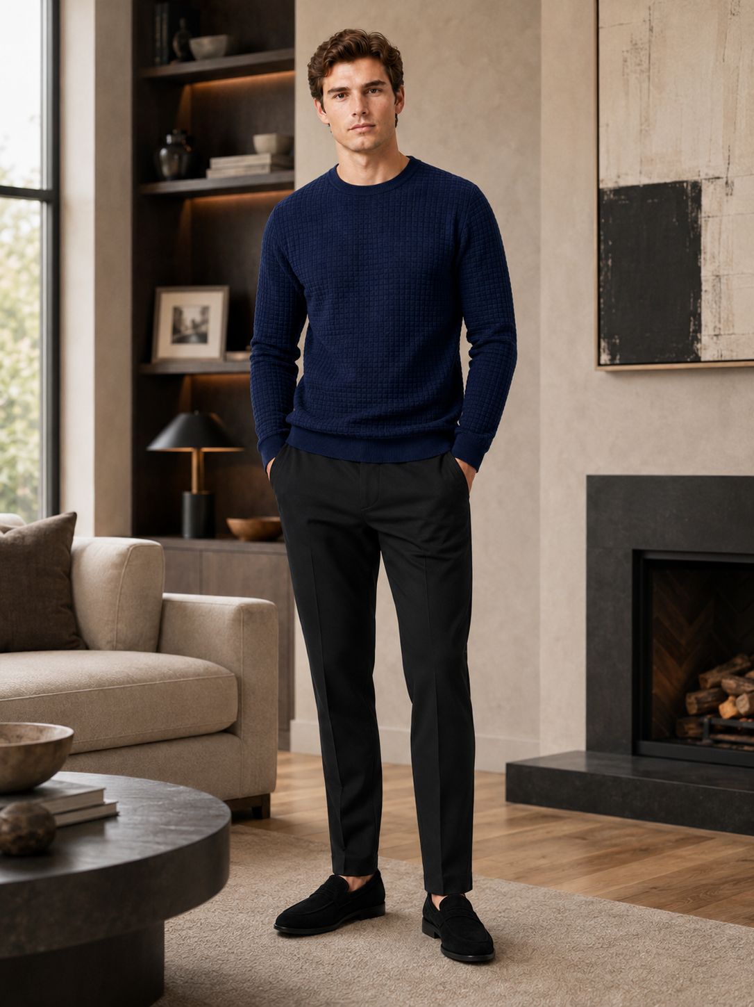 Men's jacquard crew neck sweater – Navy lifestyle view – Edward & Lawsen