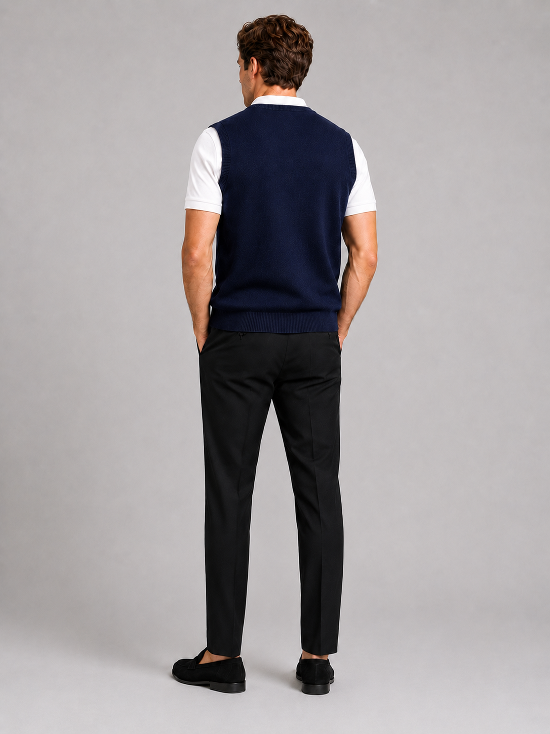 Men's knit sweater vest – Navy back view – Edward & Lawsen