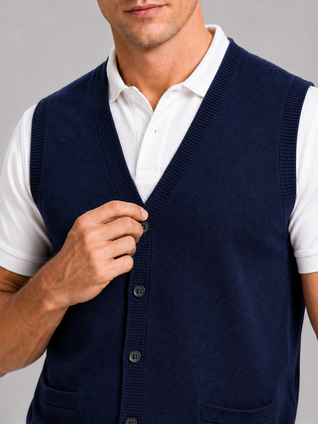 Men's knit sweater vest – Navy detail view – Edward & Lawsen