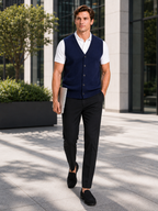 Men's knit sweater vest – Navy lifestyle view – Edward & Lawsen
