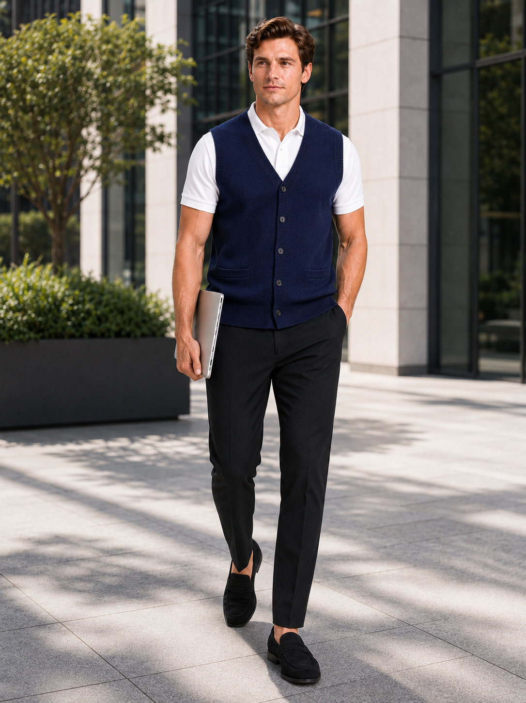Men's knit sweater vest – Navy lifestyle view – Edward & Lawsen
