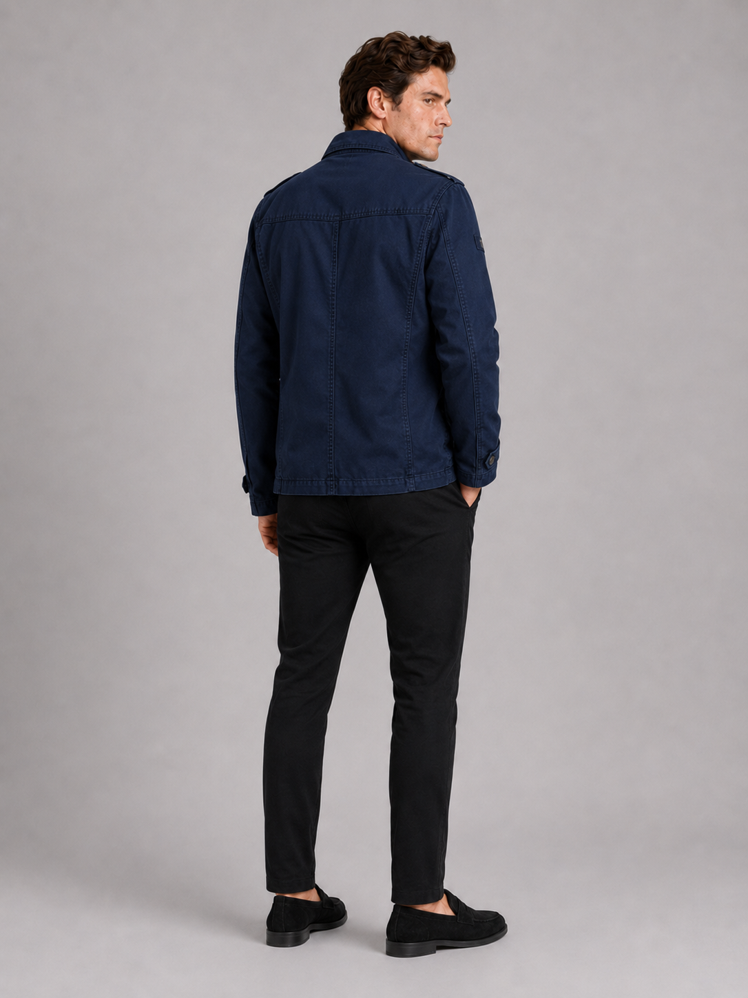Men's military cargo jacket – Navy back view – Edward & Lawsen