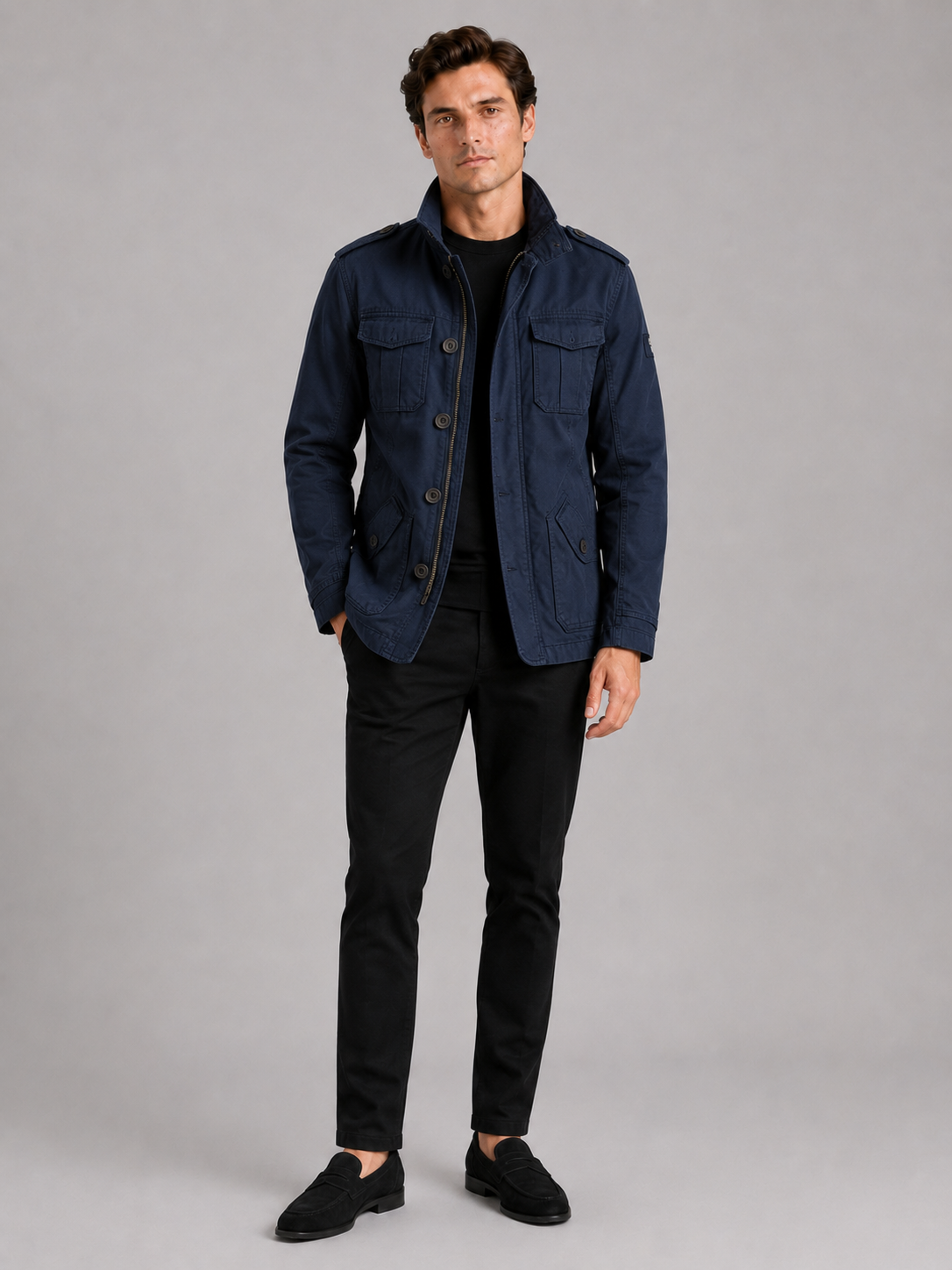 Men's military cargo jacket – Navy full view – Edward & Lawsen