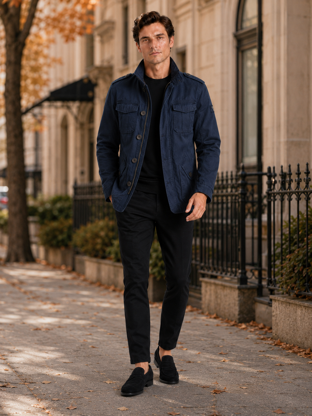 Men's military cargo jacket – Navy lifestyle view – Edward & Lawsen