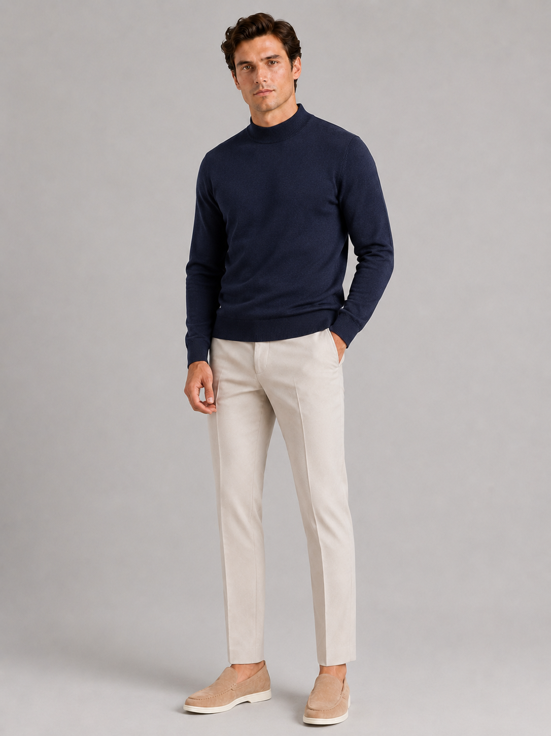 Men's slim fit mock neck sweater – Navy full view – Edward & Lawsen