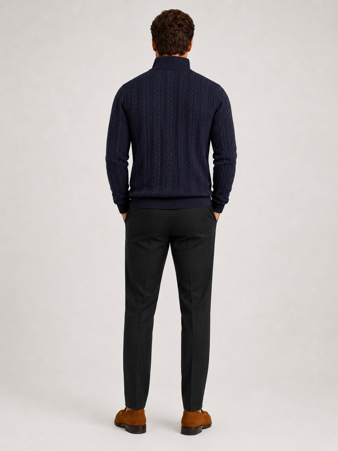 Men's jacquard quarter-zip sweater – Navy back view – Edward & Lawsen