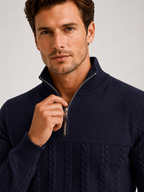 Men's jacquard quarter-zip sweater – Navy detail view – Edward & Lawsen