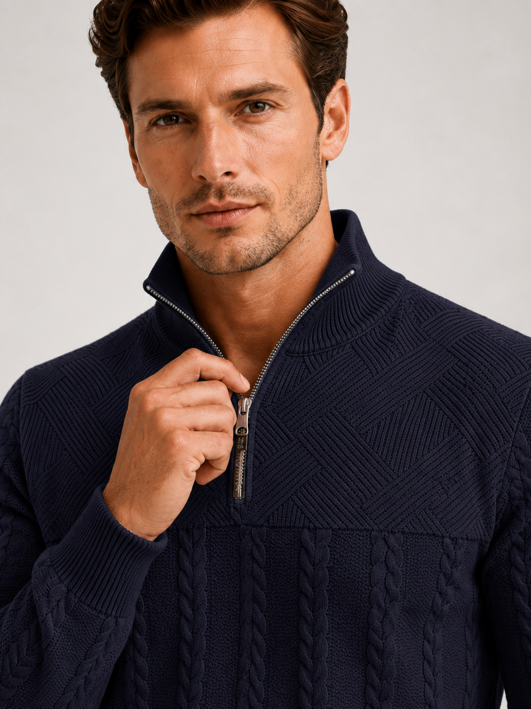 Men's jacquard quarter-zip sweater – Navy detail view – Edward & Lawsen