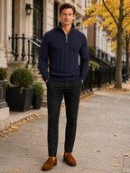 Men's jacquard quarter-zip sweater – Navy lifestyle view – Edward & Lawsen