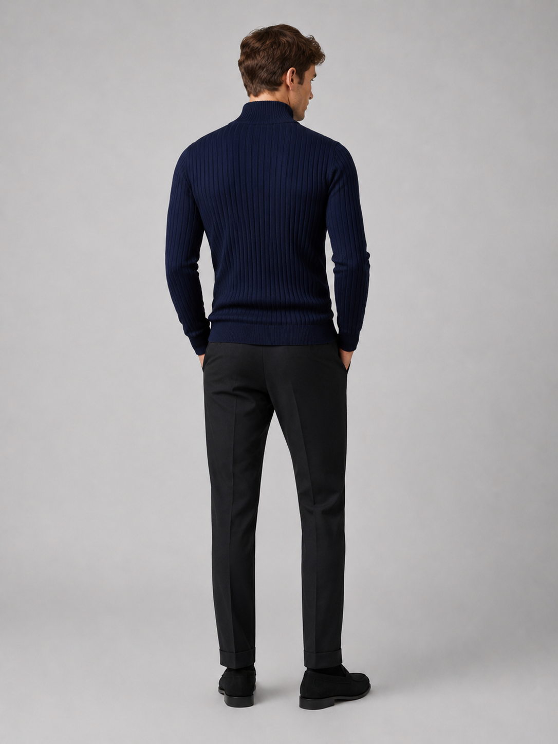 Men's quarter zip mock neck sweater – Navy back view – Edward & Lawsen