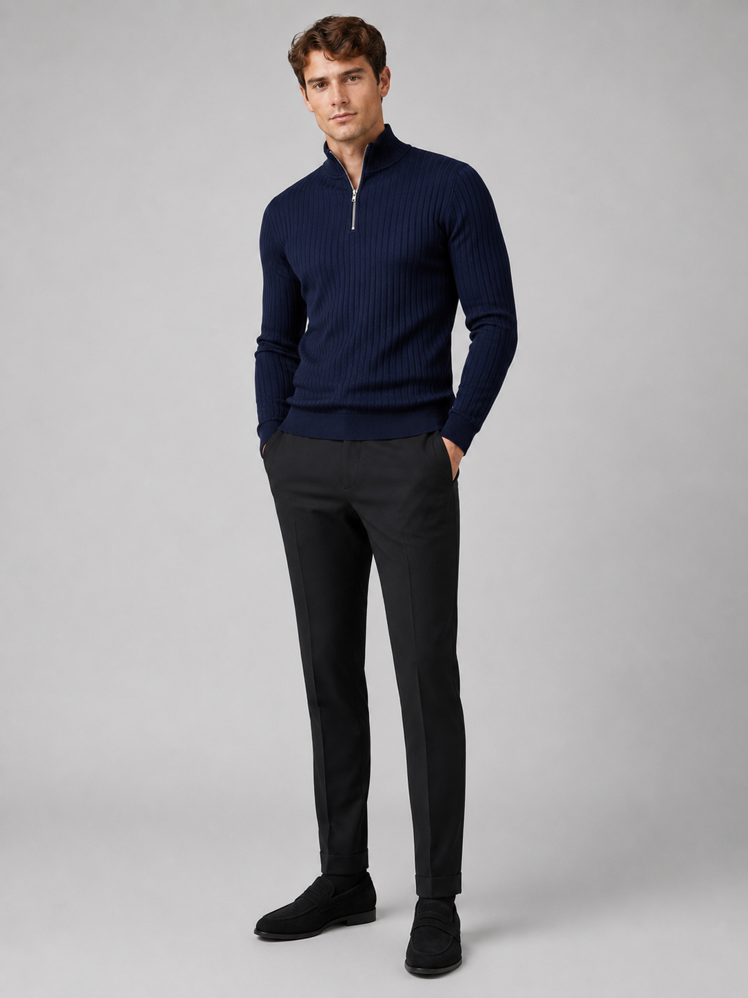 Men's quarter zip mock neck sweater – Navy full view – Edward & Lawsen