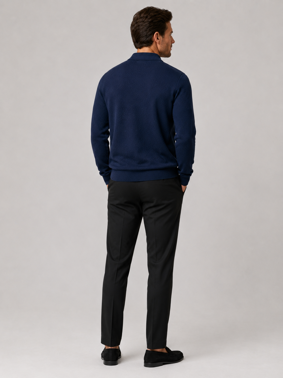 Men's quarter zip polo sweater – Navy back view – Edward & Lawsen