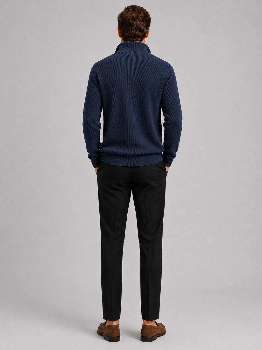 Men's ribbed stand collar quarter-zip sweater – Navy back view – Edward & Lawsen
