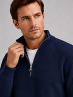 Men's ribbed stand collar quarter-zip sweater – Navy detail view – Edward & Lawsen