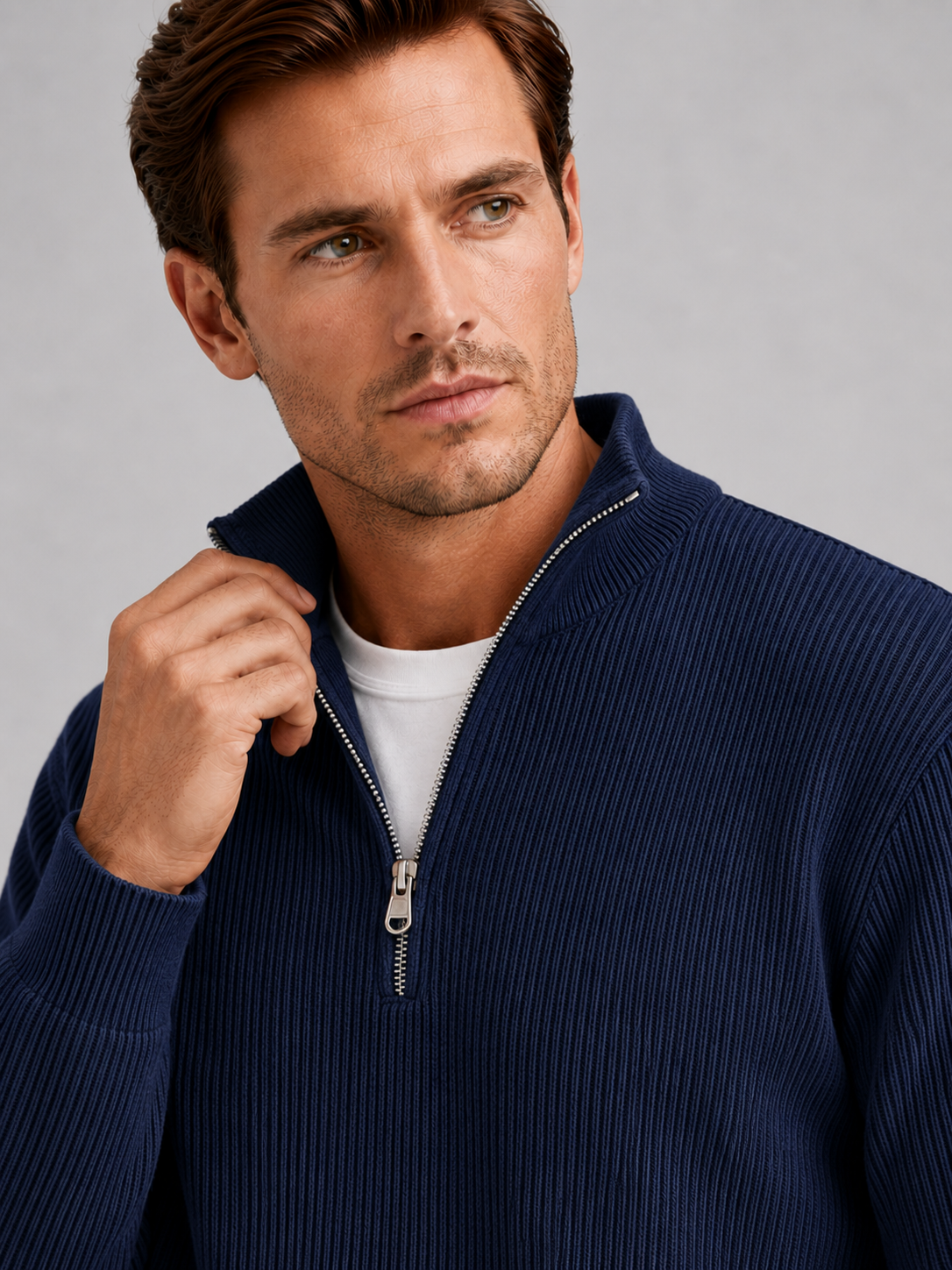 Men's ribbed stand collar quarter-zip sweater – Navy detail view – Edward & Lawsen