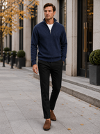 Men's ribbed stand collar quarter-zip sweater – Navy lifestyle view – Edward & Lawsen