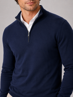 Men's quarter-zip mock neck sweater – Navy detail view – Edward & Lawsen