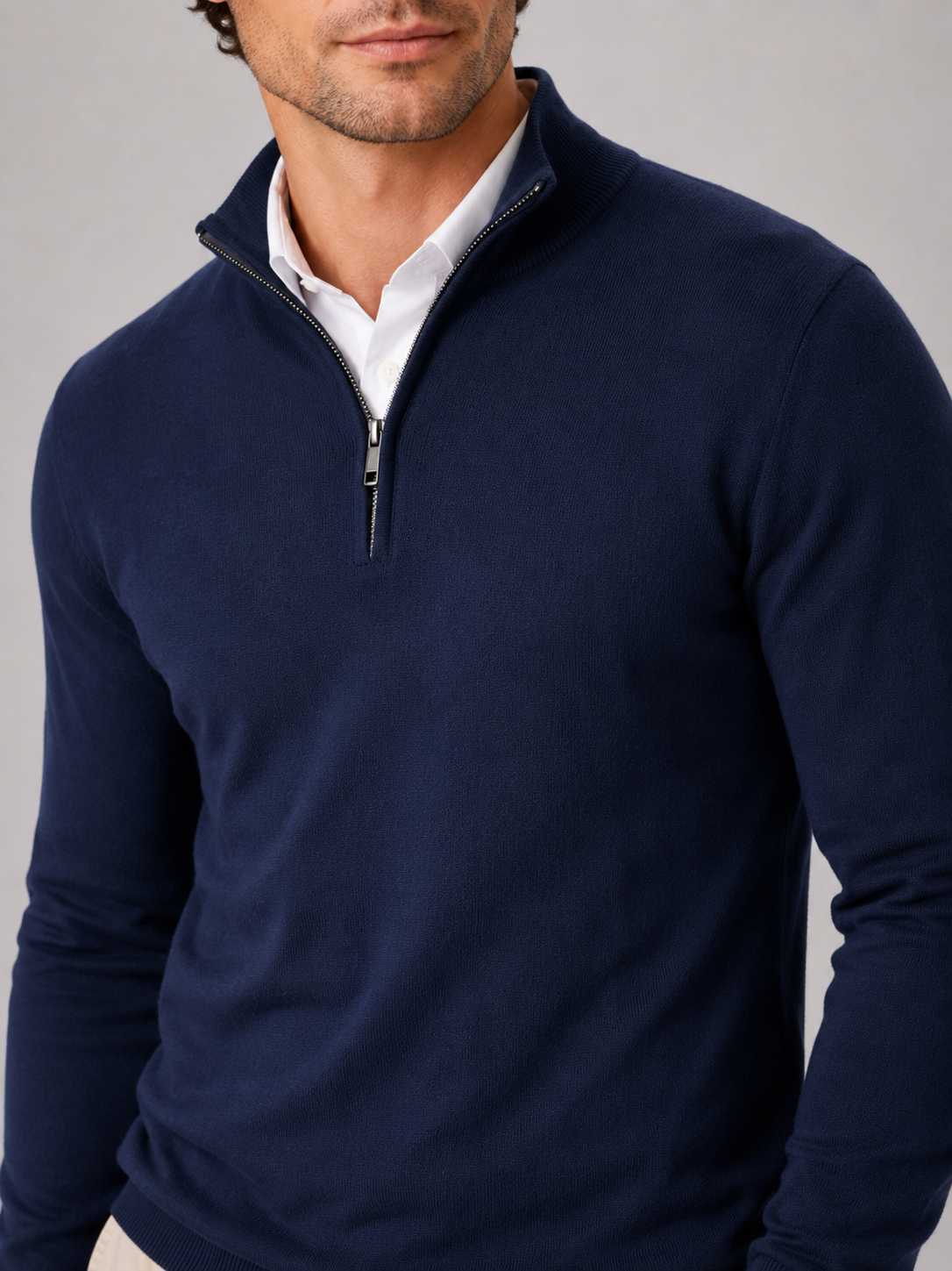 Men's quarter-zip mock neck sweater – Navy detail view – Edward & Lawsen