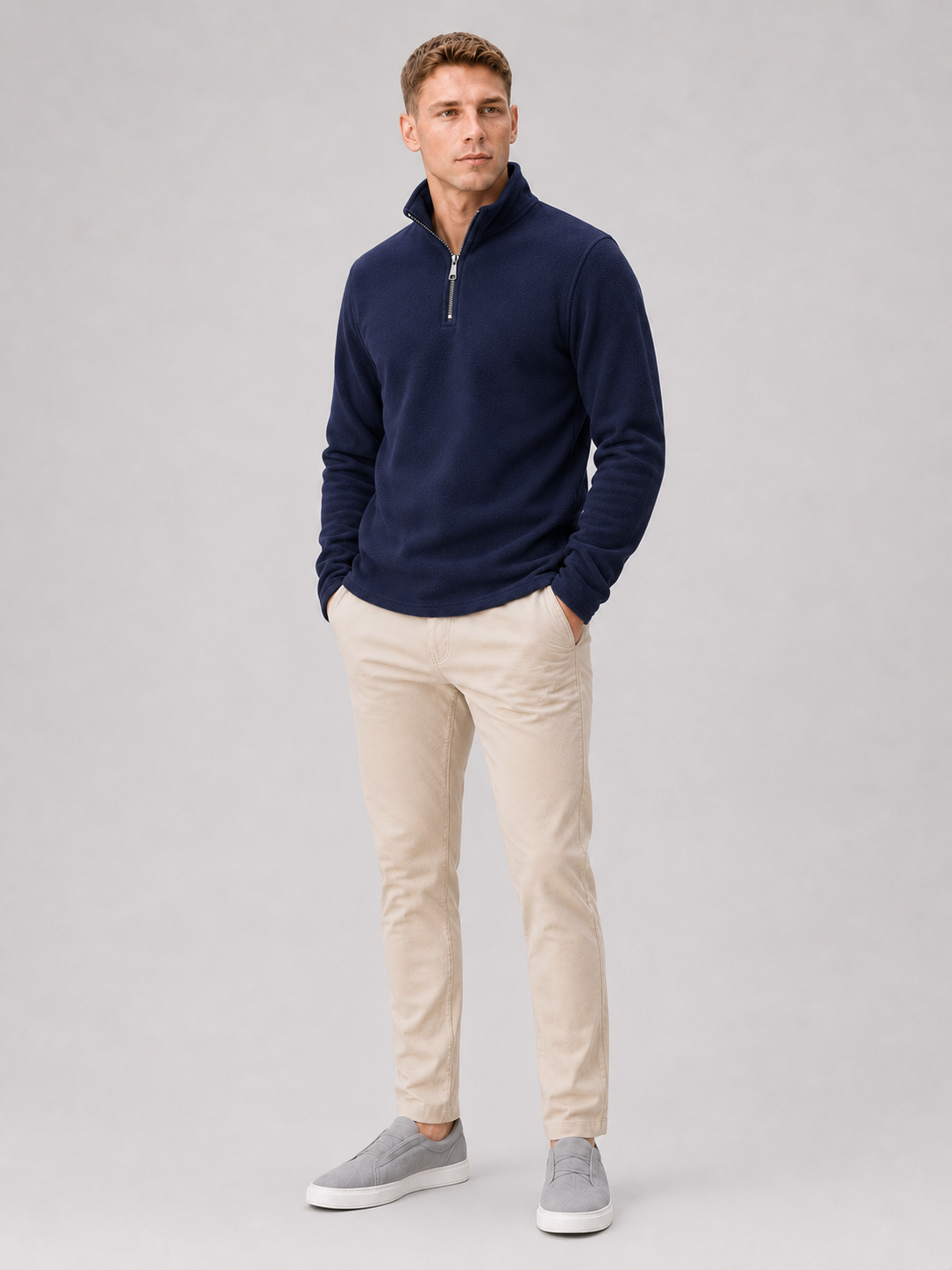Men's fleece quarter-zip sweater – Navy full view – Edward & Lawsen