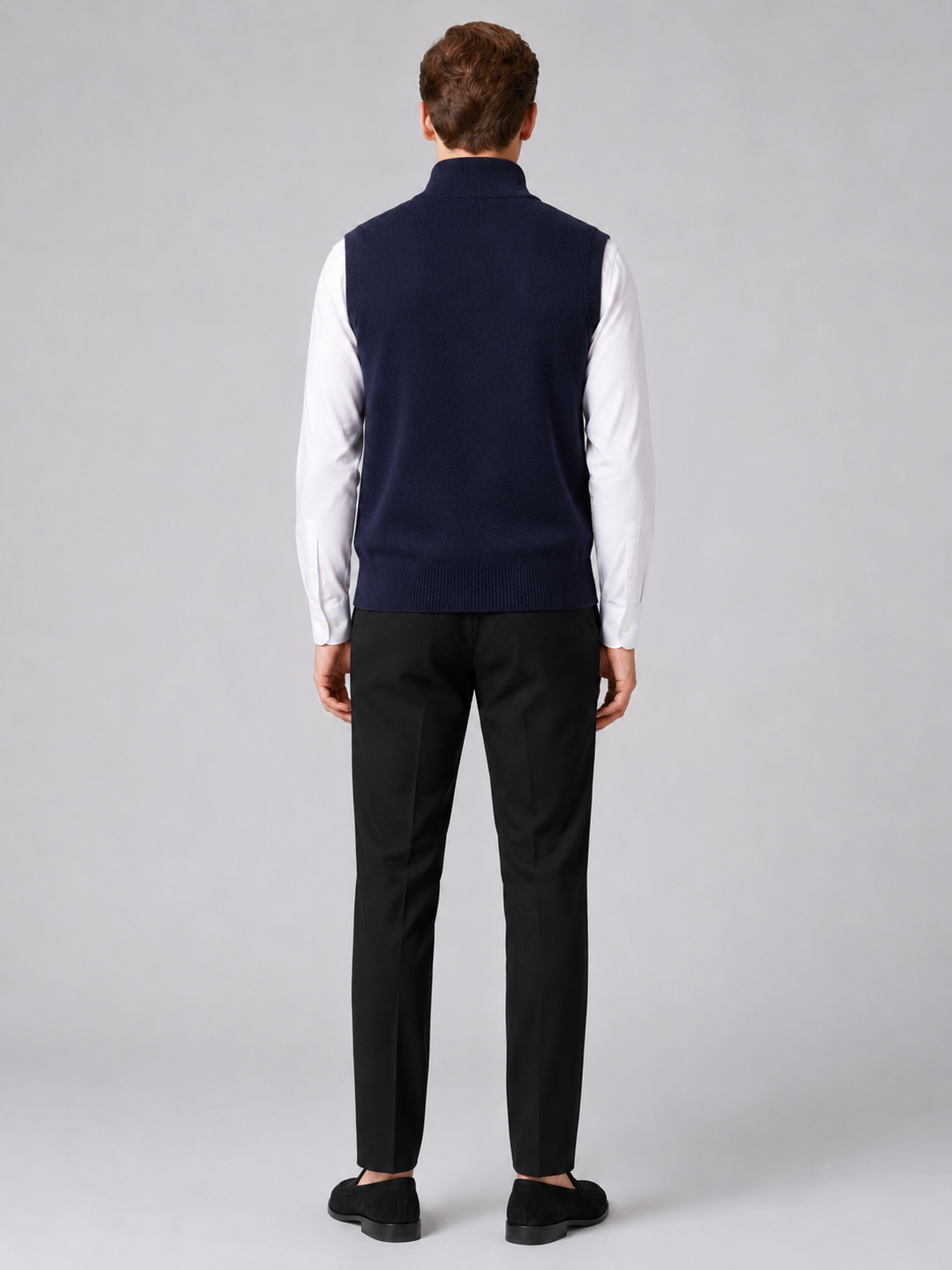 Men's full zip mock neck vest – Navy back view – Edward & Lawsen