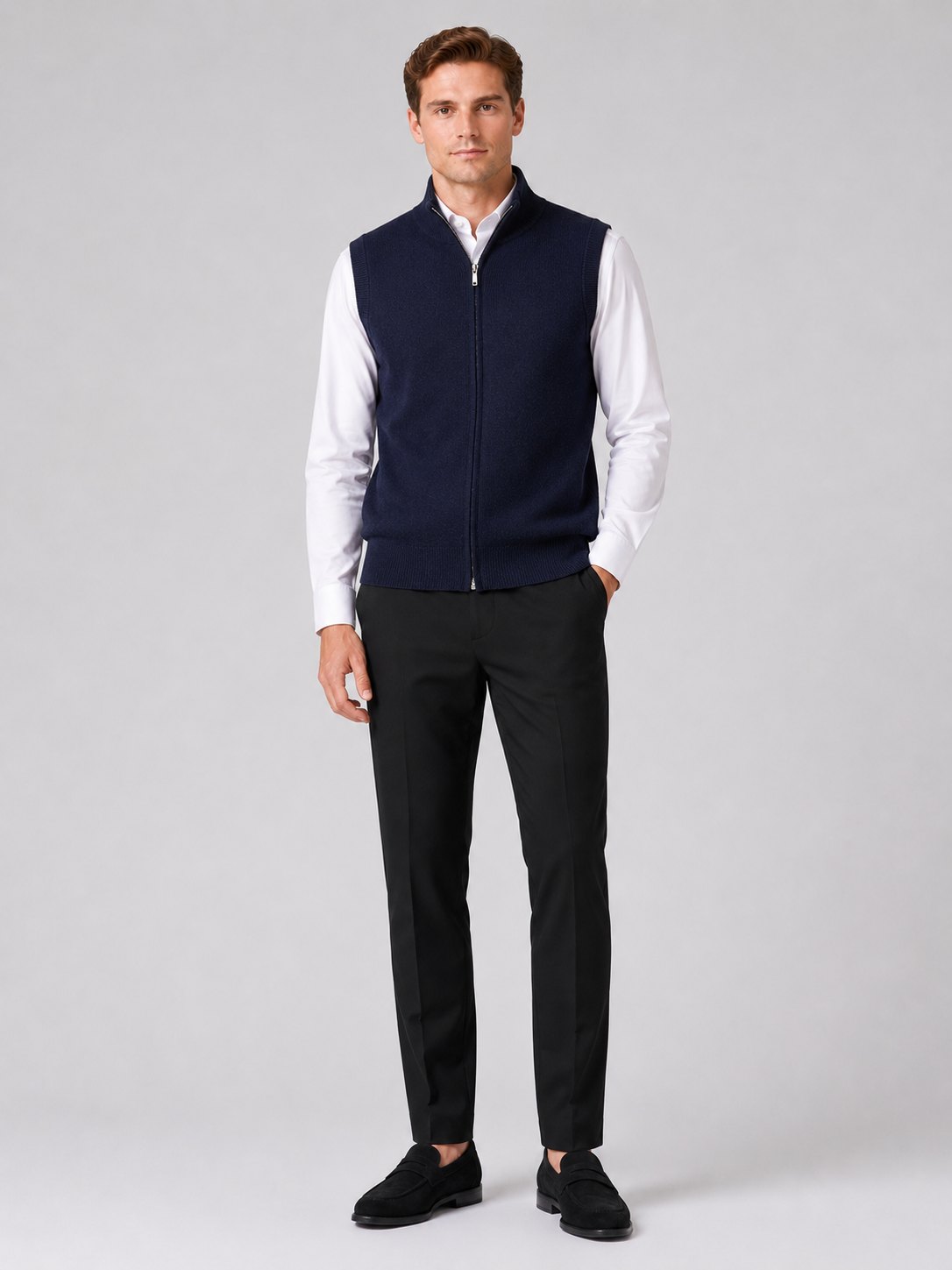 Men's full zip mock neck vest – Navy full view – Edward & Lawsen