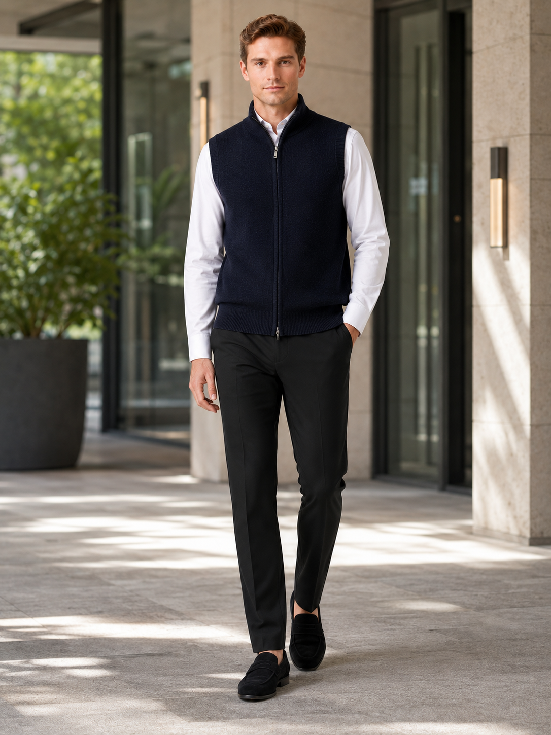 Men's full zip mock neck vest – Navy lifestyle view – Edward & Lawsen