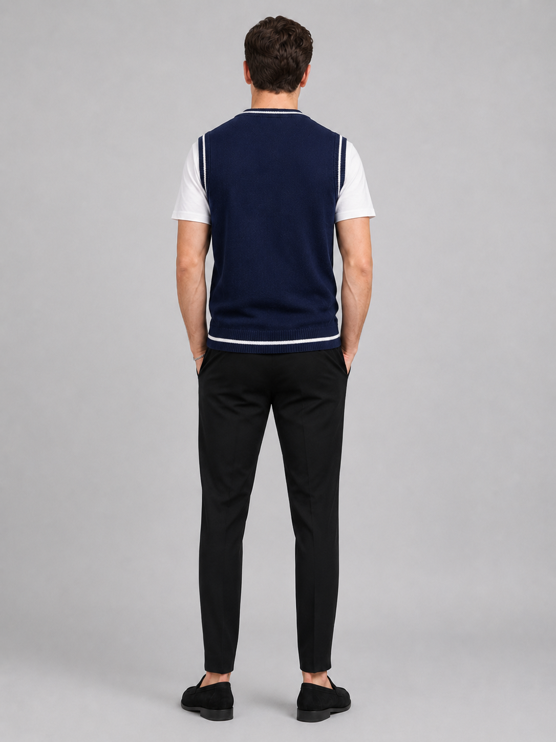 Men's patchwork sweater vest – Navy back view – Edward & Lawsen