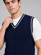 Men's patchwork sweater vest – Navy detail view – Edward & Lawsen