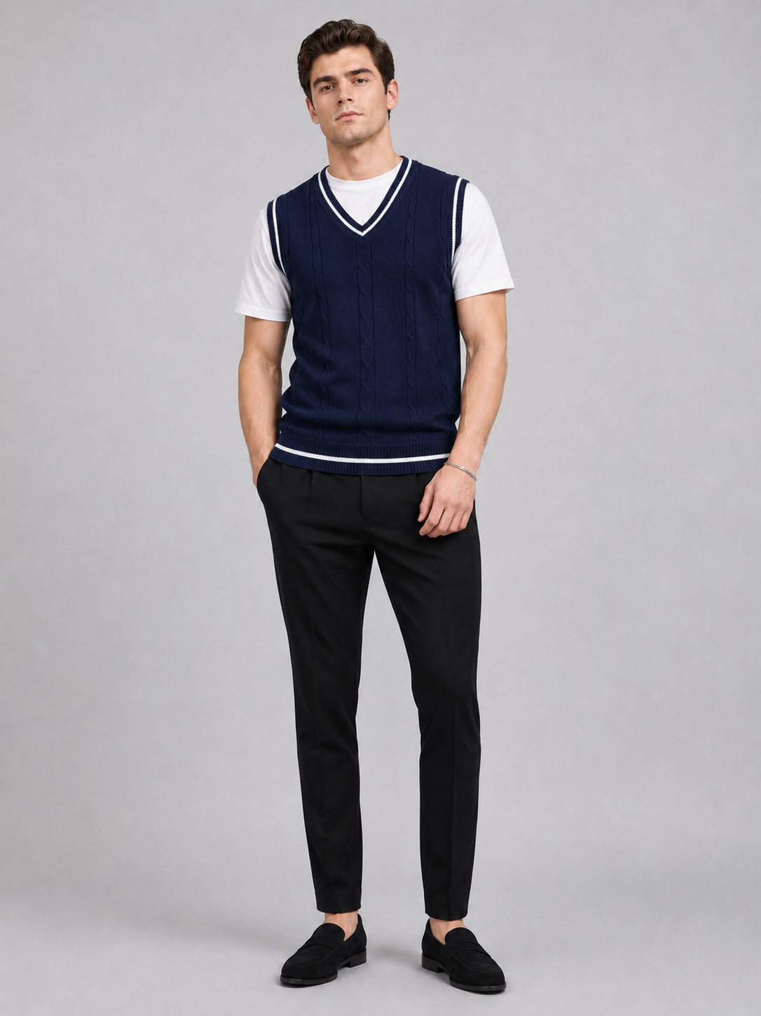 Men's patchwork sweater vest – Navy full view – Edward & Lawsen