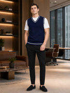 Men's patchwork sweater vest – Navy lifestyle view – Edward & Lawsen