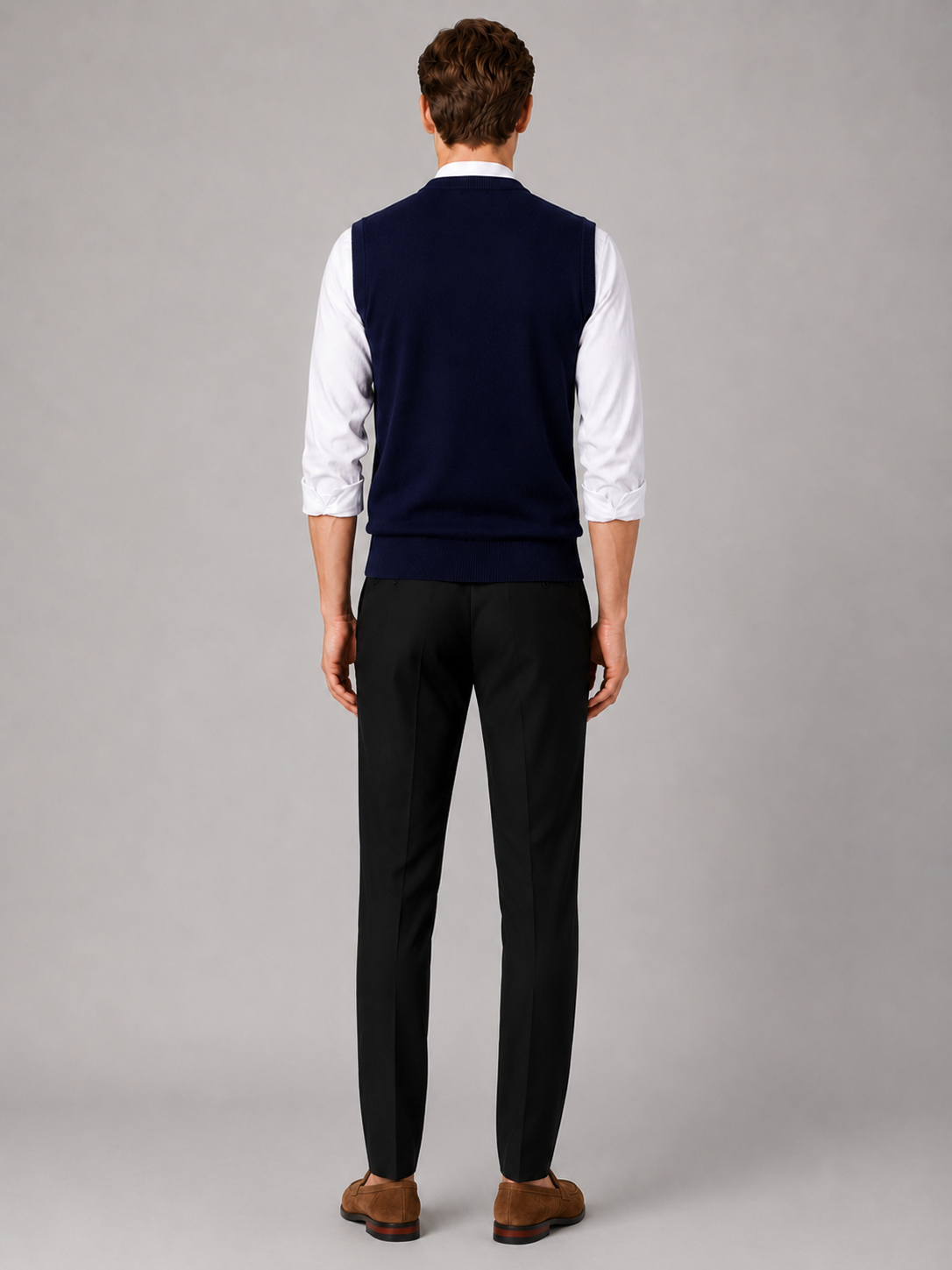Men's solid color sweater vest – Navy back view – Edward & Lawsen