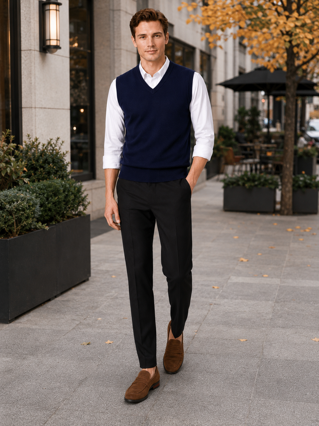 Men's solid color sweater vest – Navy lifestyle view – Edward & Lawsen