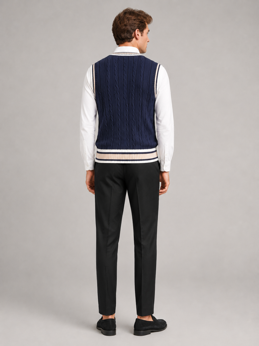 Men's striped preppy sweater vest – Navy back view – Edward & Lawsen