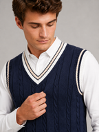 Men's striped preppy sweater vest – Navy detail view – Edward & Lawsen