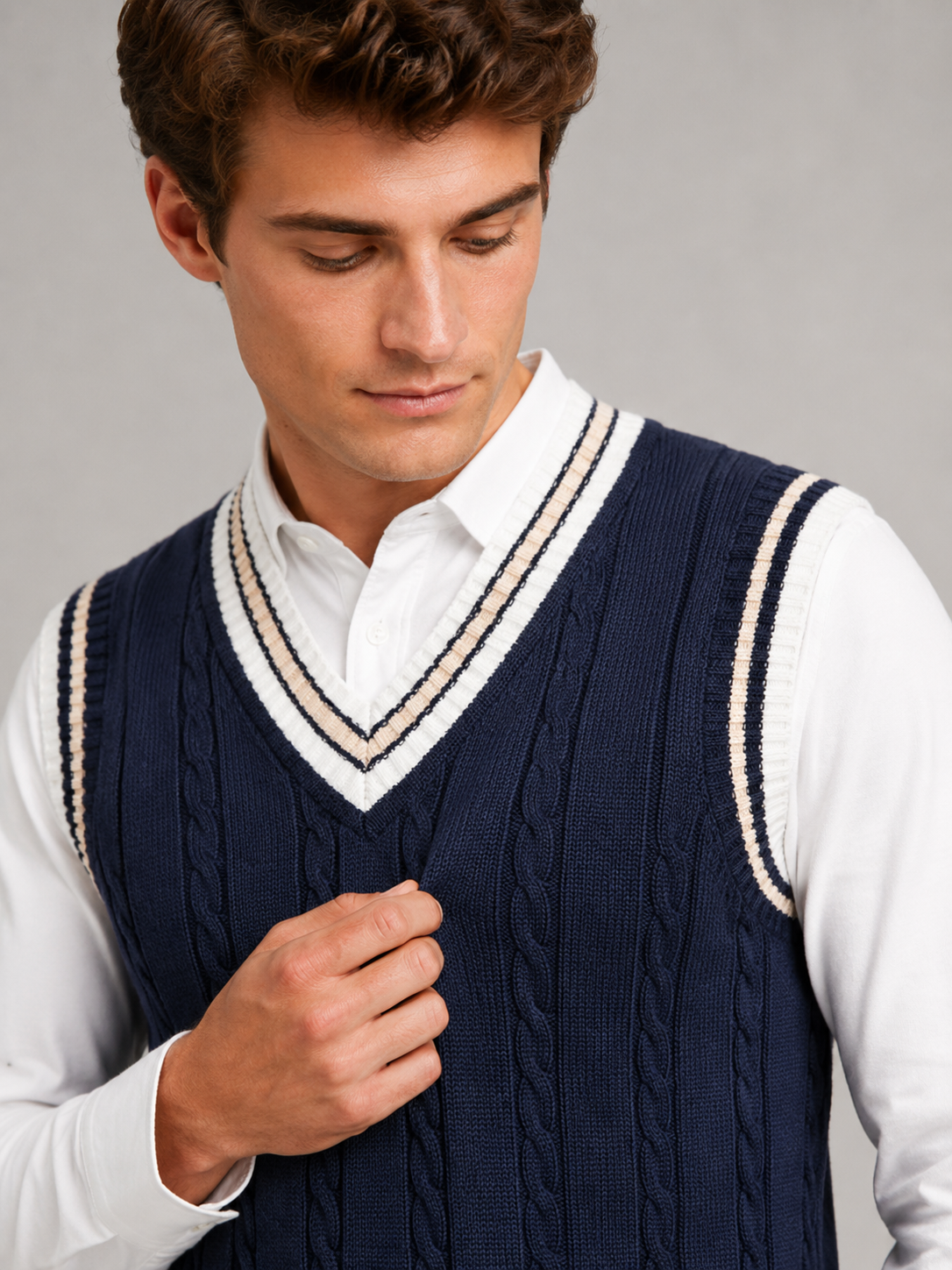 Men's striped preppy sweater vest – Navy detail view – Edward & Lawsen