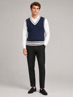 Men's striped preppy sweater vest – Navy full view – Edward & Lawsen