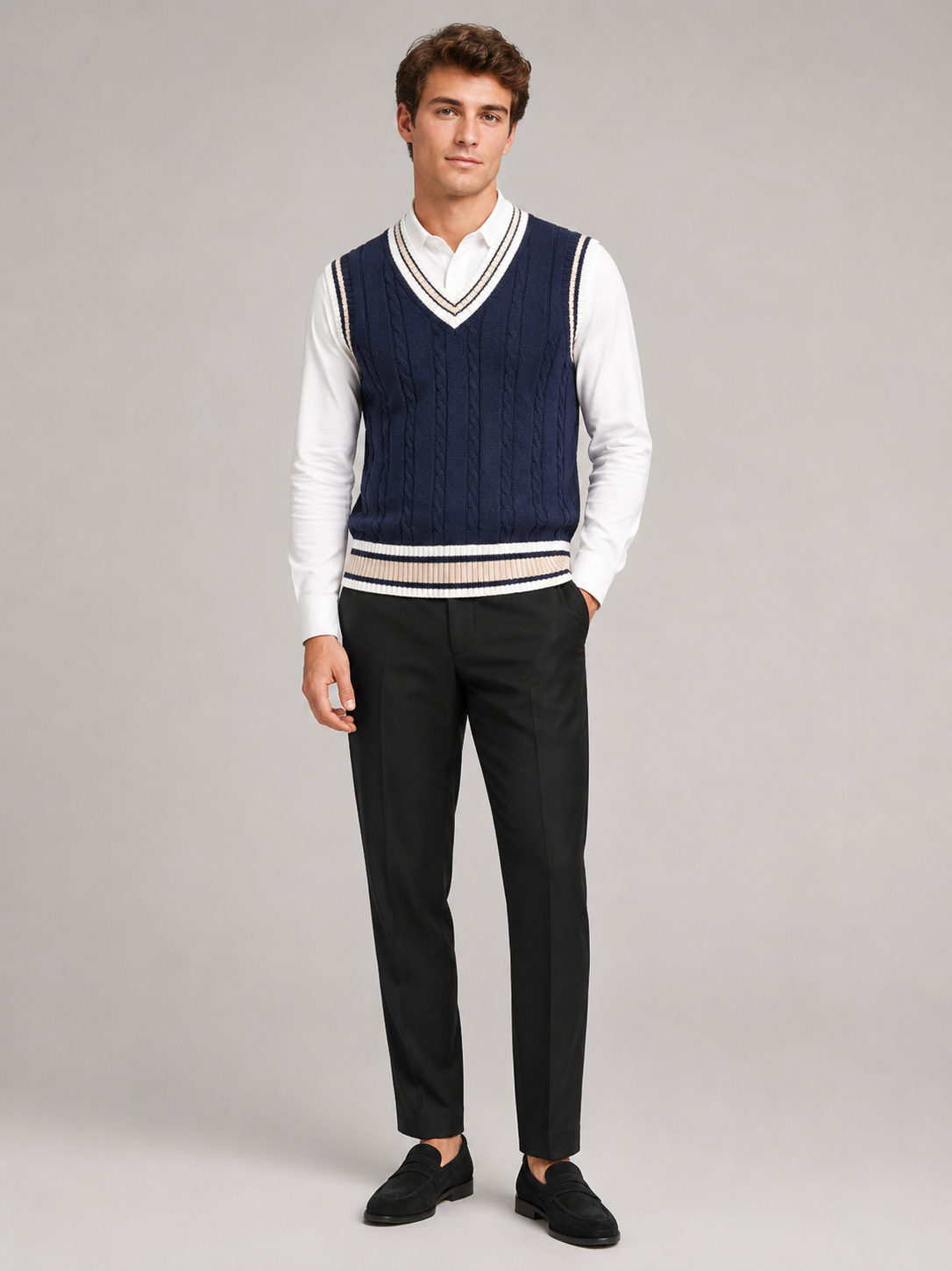 Men's striped preppy sweater vest – Navy full view – Edward & Lawsen